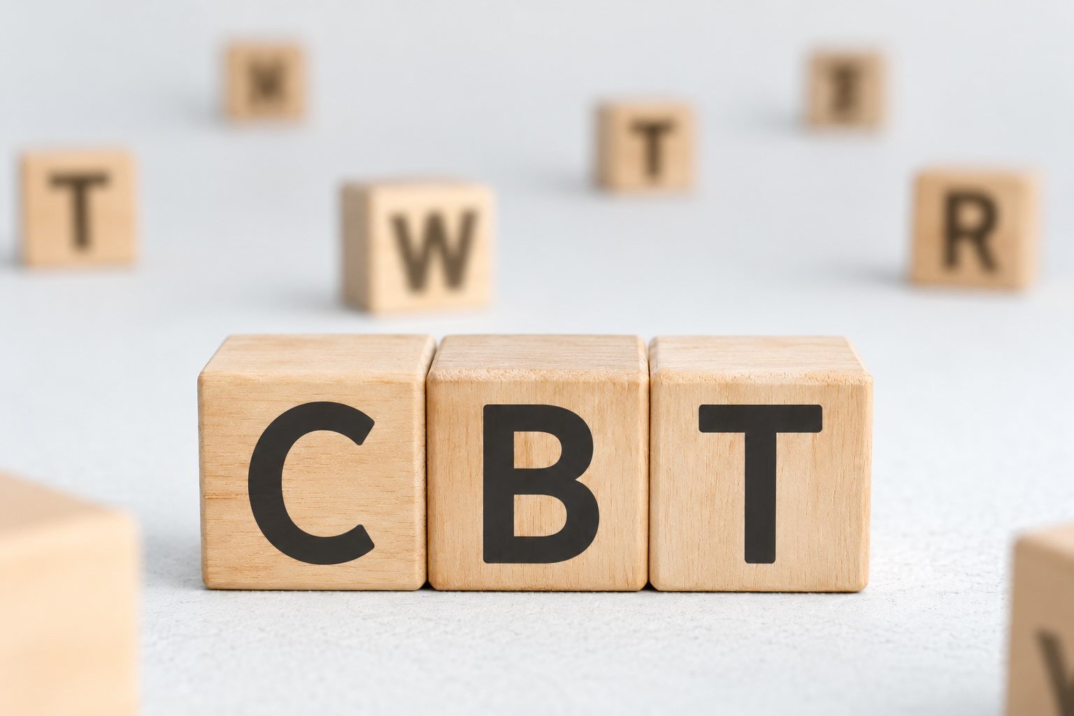 Wooden letter blocks spelling CBT representing Cognitive Behavioural Therapy in Stirling