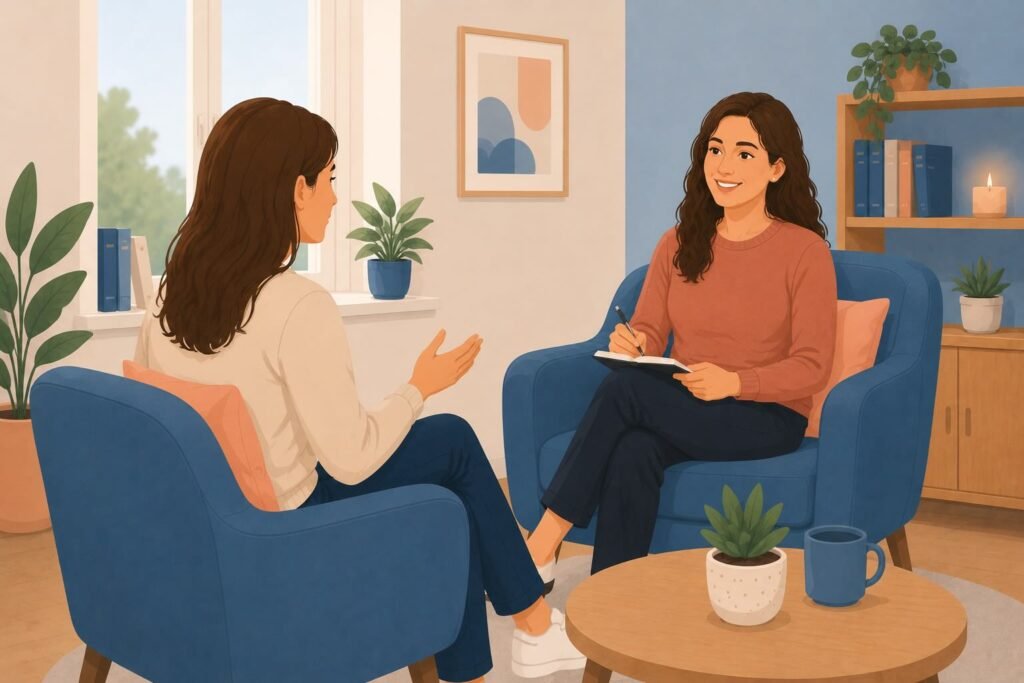 Illustration of a female counsellor and client talking in a calm and supportive therapy environment