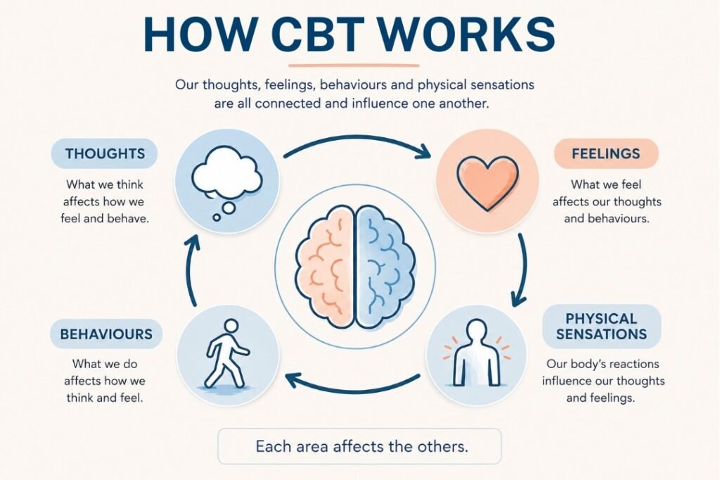 CBT cycle showing the connection between thoughts, feelings, behaviours and physical sensations