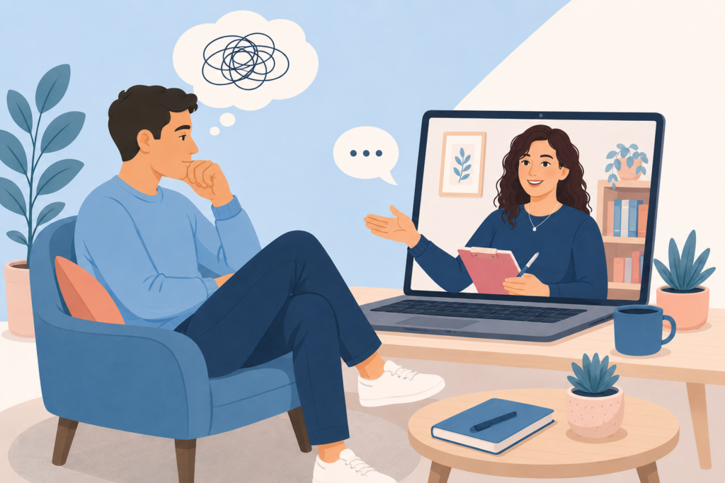 Illustration of a man attending an online counselling session with a therapist via video call